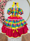 Vestido Infantil Junino Caipira Vermelho Xadrez Colorido Laços