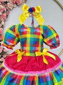 Vestido Infantil Junino Caipira Vermelho Xadrez Colorido Laços