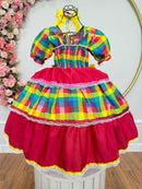 Vestido Infantil Junino Caipira Vermelho Xadrez Colorido Laços