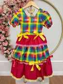 Vestido Infantil Junino Caipira Vermelho Xadrez Colorido Laços