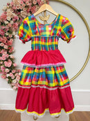 Vestido Infantil Junino Caipira Vermelho Xadrez Colorido Laços