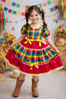 Vestido Infantil Junino Caipira Vermelho Xadrez Colorido Laços