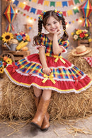 Vestido Infantil Junino Caipira Vermelho Xadrez Colorido Laços