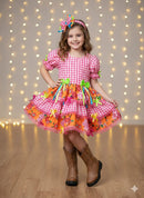 Vestido Infantil Junino Caipira Xadrez Rosa Flores Coloridas