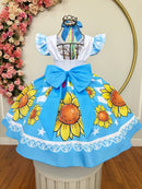 Vestido Infantil Junino Festas Azul Girassol Colorido