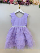 Vestido Infantil Lilás Saia C/ Babados e Glitter Daminha