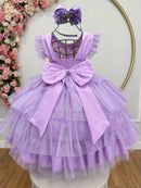 Vestido Infantil Lilás Busto C/ Strass Saia Babados Daminhas