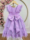 Vestido Infantil Lilás Busto C/ Strass Saia Babados Daminhas
