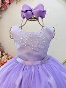 Vestido Infantil Longo Lilás Pérolas e Strass Damas Luxo