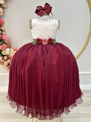 Vestido Infantil Longo Off White Saia Marsala Daminha Festas