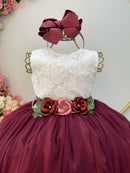 Vestido Infantil Longo Off White Saia Marsala Daminha Festas