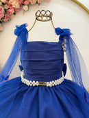 Vestido Infantil Longo Azul Royal C/ Aplique Borboletas Festas