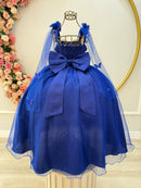 Vestido Infantil Longo Azul Royal C/ Aplique Borboletas Festas