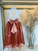 Vestido Infantil Longo Off White Saia Terracota Daminhas