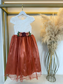 Vestido Infantil Longo Off White Saia Terracota Daminhas