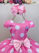 Vestido Infantil Minnie Rosa C/ Bolinhas Brancas Festas