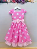Vestido Infantil Minnie Rosa C/ Bolinhas Brancas Festas
