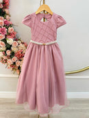 Vestido Infantil Longo Rose Busto Nervura Festas Daminhas