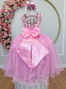 Vestido Infantil Rosa C/ Renda e Tule Glitter Daminha