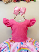 Vestido Infantil Rosa Chiclete Lilo Stitch e Angel Festas