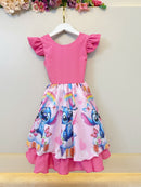 Vestido Infantil Rosa Chiclete Lilo Stitch e Angel Festas