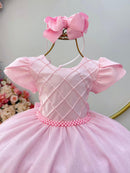 Vestido Infantil Rosa Claro C/ Busto Nervura Daminhas Festas