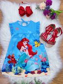 Vestido Infantil Trapézio da Ariel e Linguado Manga Flu-Flu