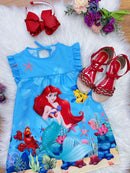 Vestido Infantil Trapézio da Ariel e Linguado Manga Flu-Flu