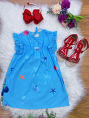 Vestido Infantil Trapézio da Ariel e Linguado Manga Flu-Flu