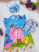 Vestido Infantil Trapézio da Galinha Pintadinha Manga Flu-Flu