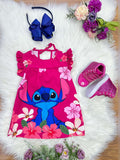 Vestido Infantil Trapézio Lilo Stitch e Angel Pink Manga Flu-Flu