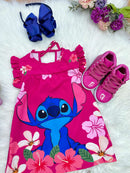 Vestido Infantil Trapézio Lilo Stitch e Angel Pink Manga Flu-Flu