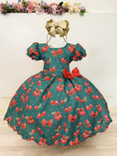 Vestido Infantil Verde Estampa Cereja Broche Daminhas Festas