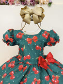 Vestido Infantil Verde Estampa Cereja Broche Daminhas Festas