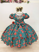 Vestido Infantil Verde Estampa Cereja Broche Daminhas Festas