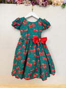 Vestido Infantil Verde Estampa Cereja Broche Daminhas Festas