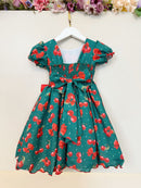 Vestido Infantil Verde Estampa Cereja Broche Daminhas Festas