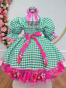Vestido Infantil Junino Arraiá Caipira Xadrez Verde Florido