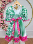 Vestido Infantil Junino Arraiá Caipira Xadrez Verde Florido