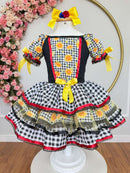 Vestido Infantil Junino Arraiá Preto Xadrez Girassol Babados