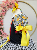 Vestido Infantil Junino Arraiá Preto Xadrez Girassol Babados