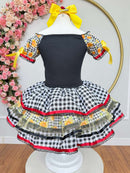 Vestido Infantil Junino Arraiá Preto Xadrez Girassol Babados