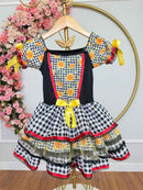 Vestido Infantil Junino Arraiá Preto Xadrez Girassol Babados