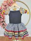 Vestido Infantil Junino Arraiá Preto Xadrez Girassol Babados
