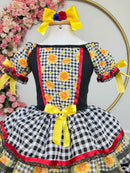 Vestido Infantil Junino Arraiá Preto Xadrez Girassol Babados