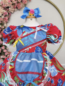 Vestido Infantil Junino Arraiá Vermelho e Azul Colorido