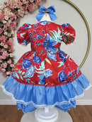 Vestido Infantil Junino Arraiá Vermelho e Azul Colorido