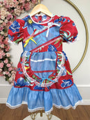 Vestido Infantil Junino Arraiá Vermelho e Azul Colorido