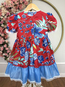 Vestido Infantil Junino Arraiá Vermelho e Azul Colorido