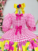 Vestido Infantil Junino Caipira Xadrez Rosa e Amarelo Florido